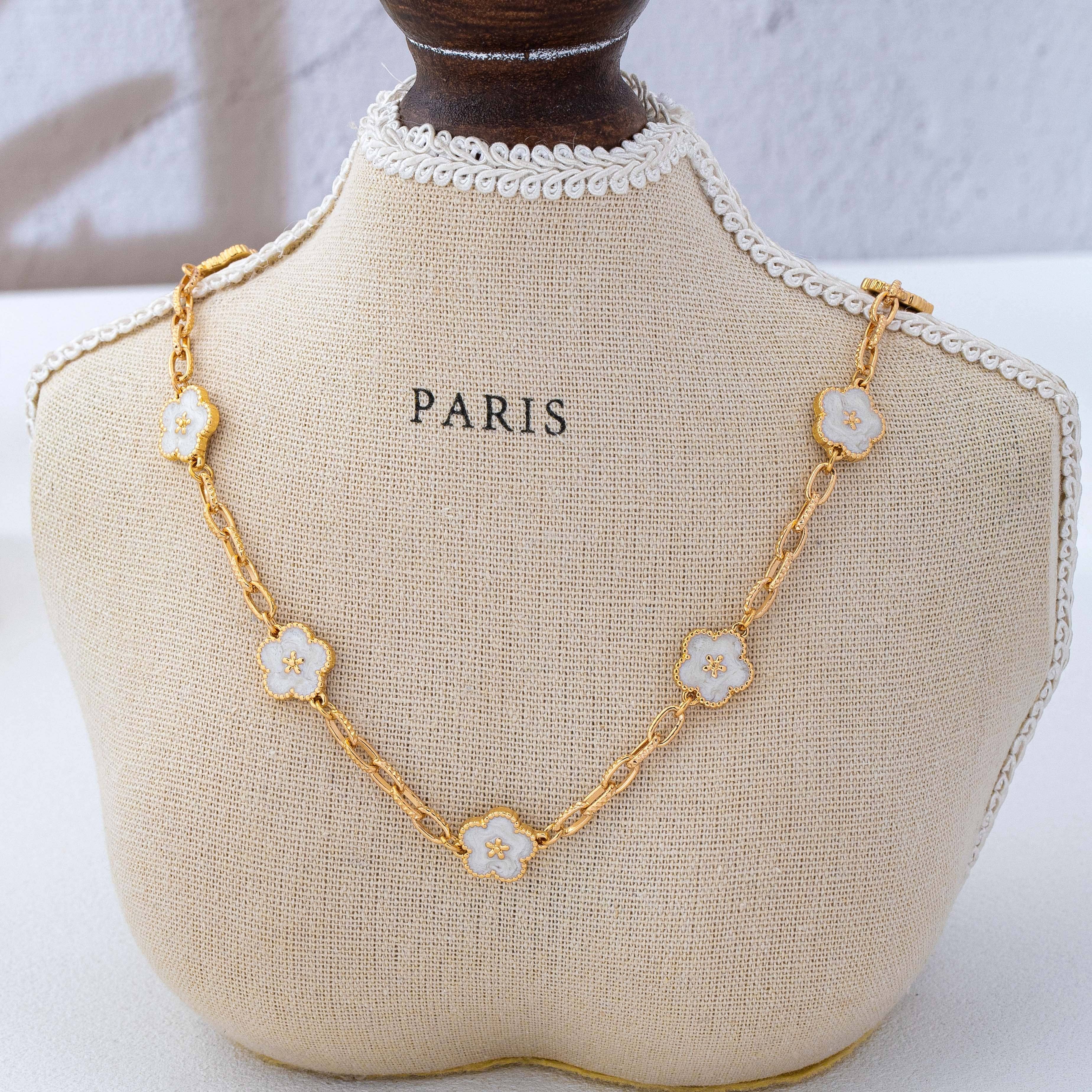 Vintage Floral Station Necklace – White Enamel & Gold