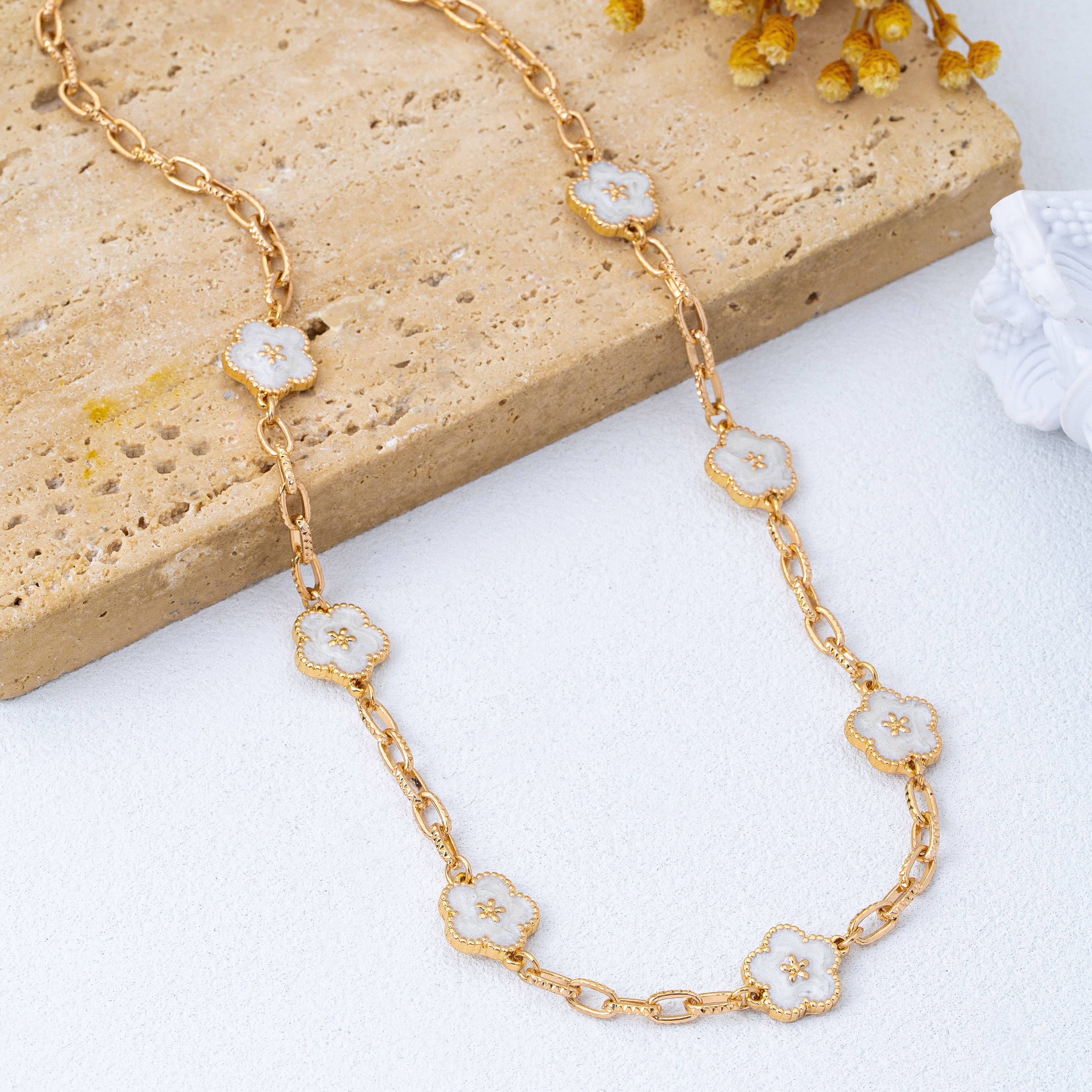 Vintage Floral Station Necklace – White Enamel & Gold