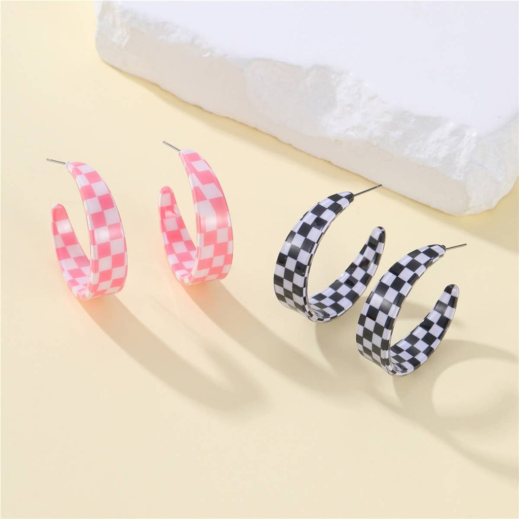 Retro Checkerboard Hoop Earrings – Black & Pink Statement Earrings