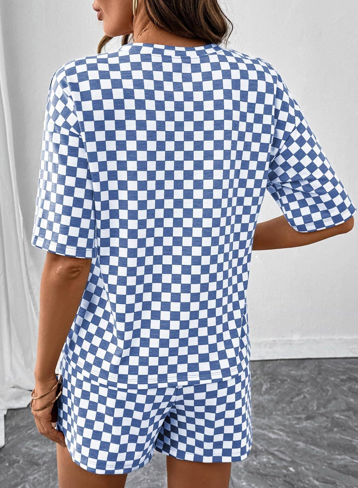 Blue Checkerboard Lounge Set – Women's Two-Piece Matching Set