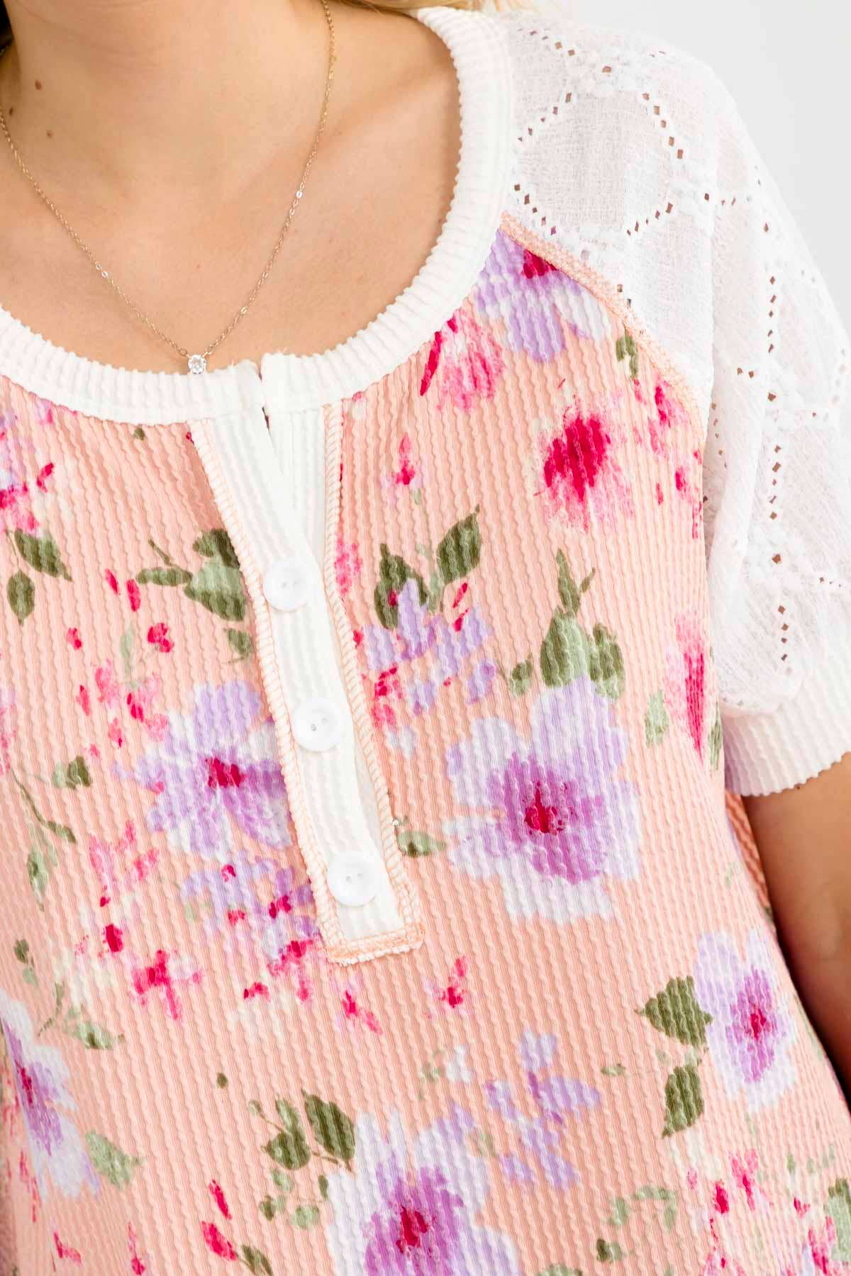 Coral Floral Rib Knit Henley Top